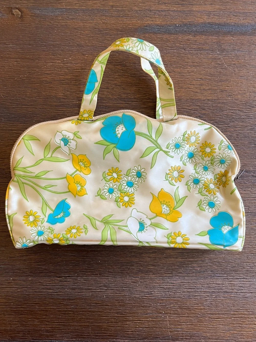 Vintage Retro Blue & Yellow Floral Makeup Travel Bag | 9-1/2”